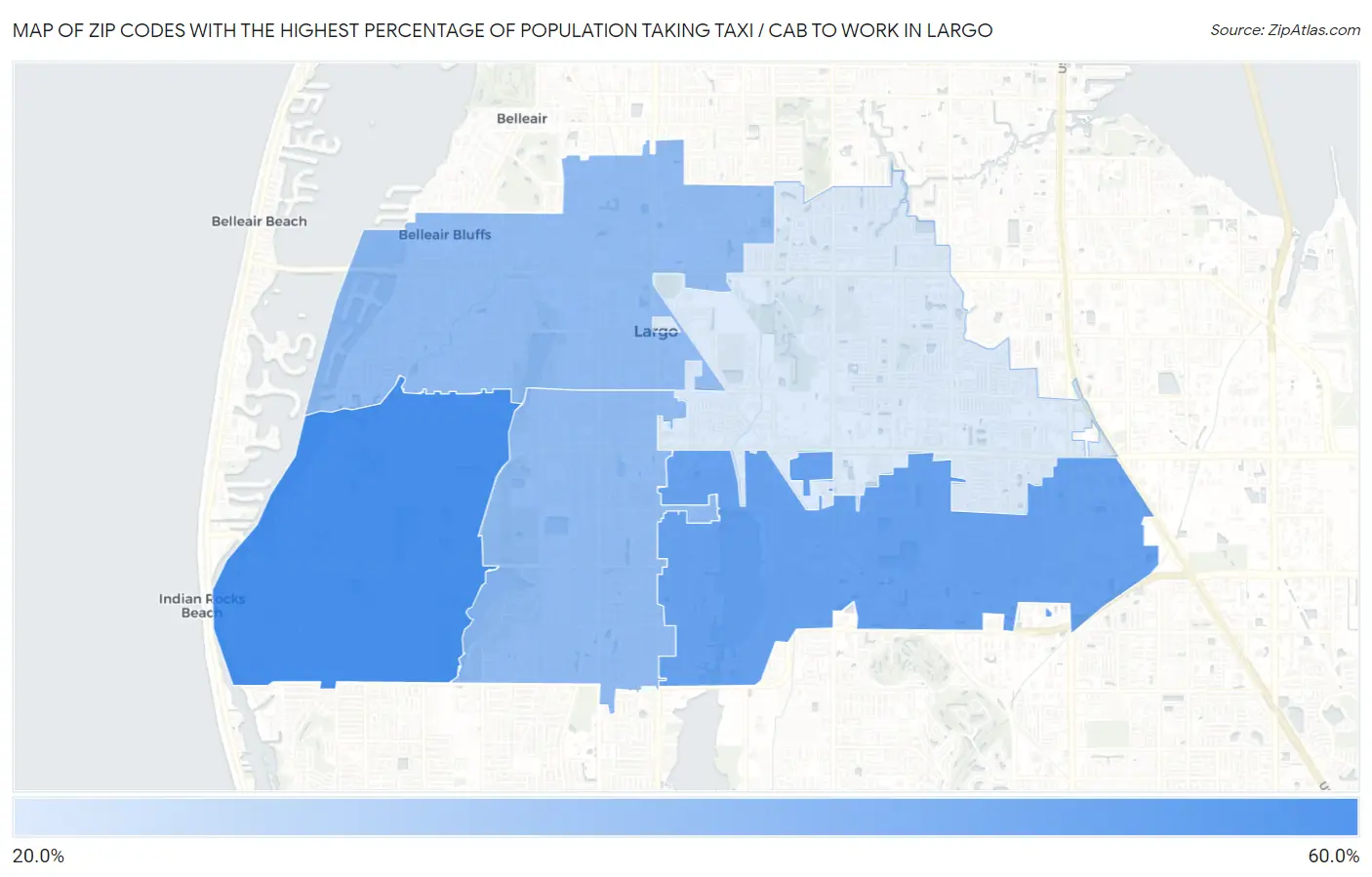 Zip Codes with the Highest Percentage of Population Taking Taxi / Cab to Work in Largo Map