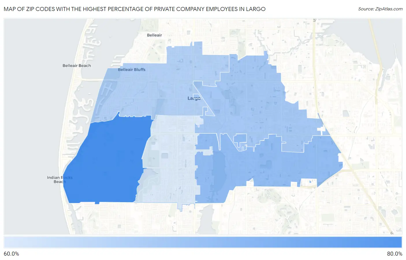 Zip Codes with the Highest Percentage of Private Company Employees in Largo Map