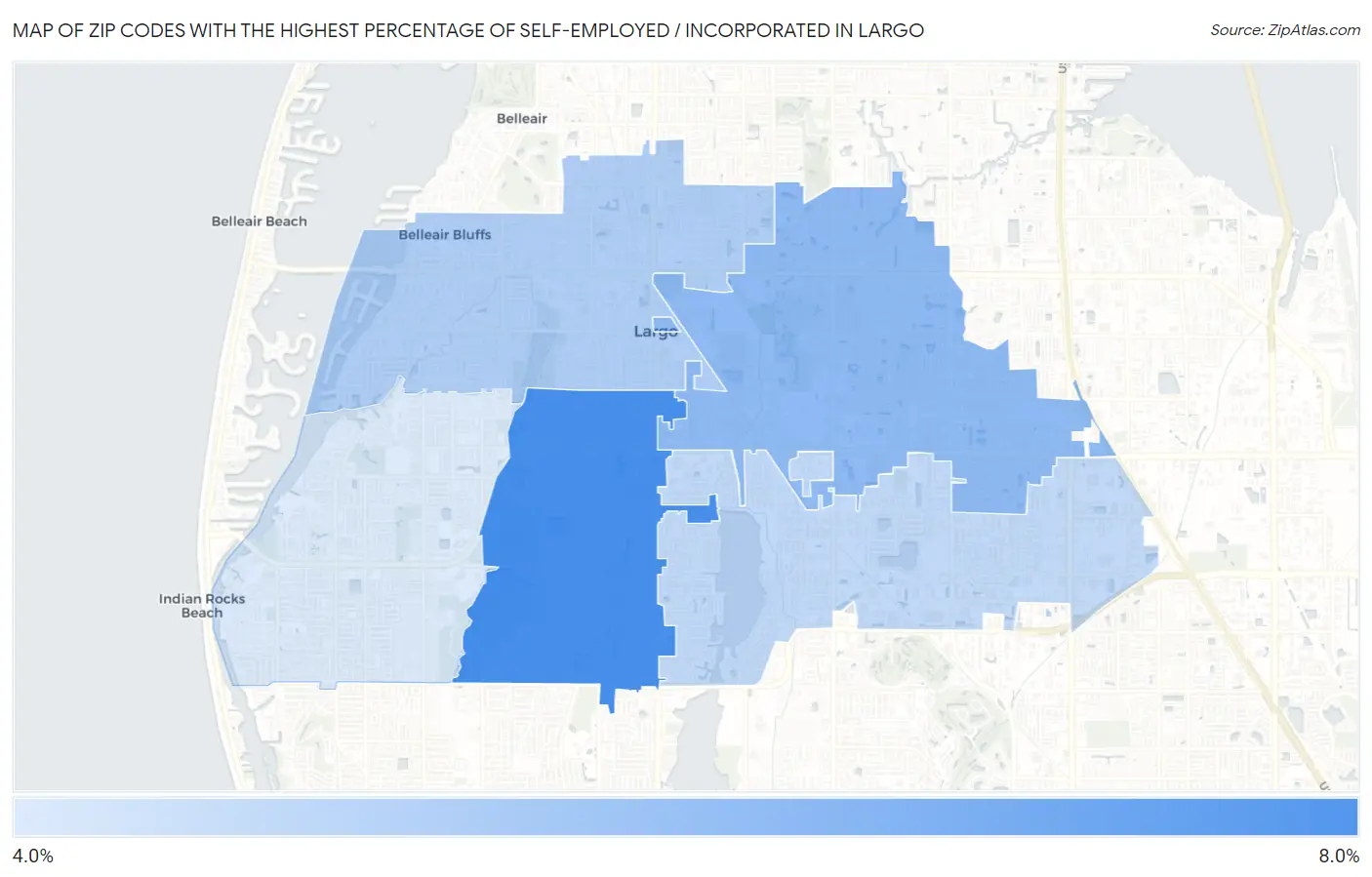 Zip Codes with the Highest Percentage of Self-Employed / Incorporated in Largo Map