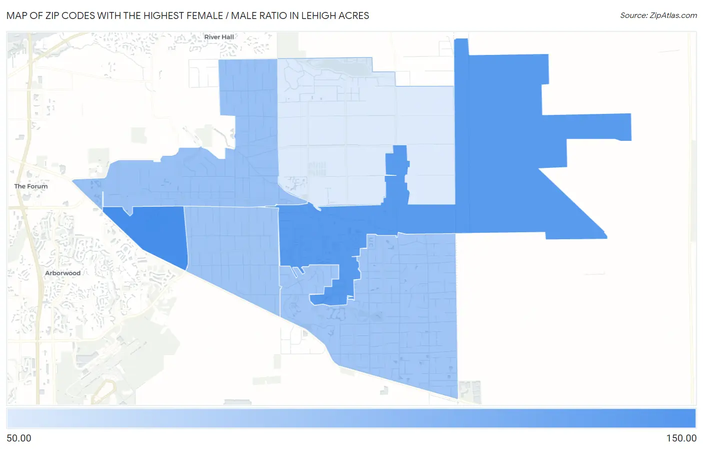 Zip Codes with the Highest Female / Male Ratio in Lehigh Acres Map