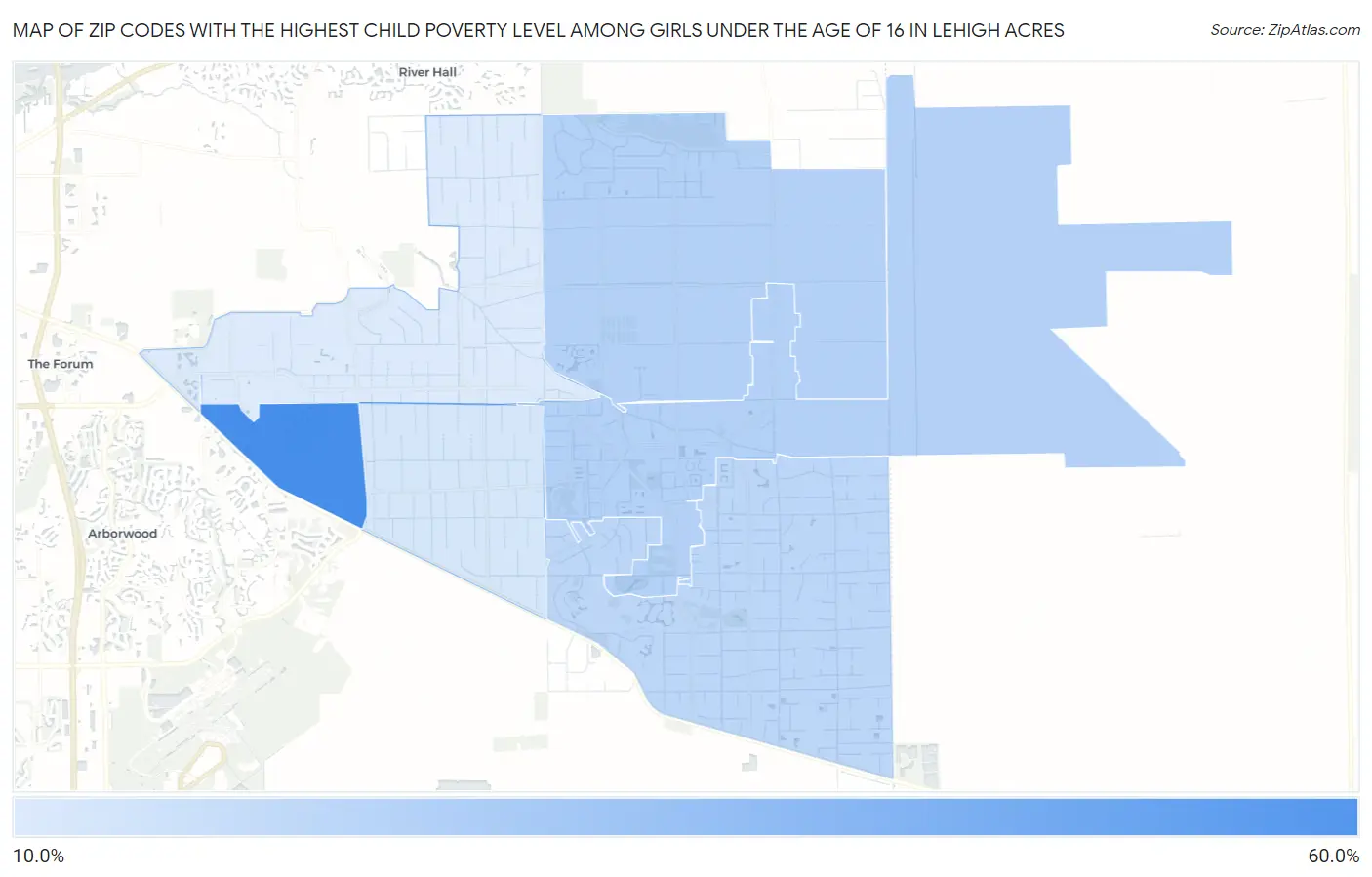 Zip Codes with the Highest Child Poverty Level Among Girls Under the Age of 16 in Lehigh Acres Map
