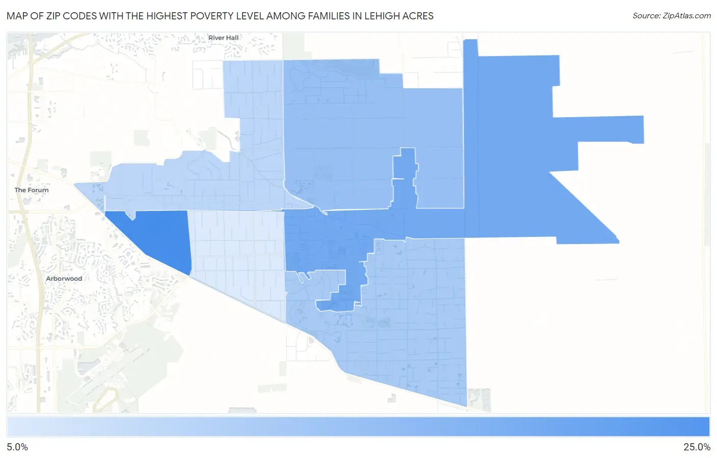 Zip Codes with the Highest Poverty Level Among Families in Lehigh Acres Map