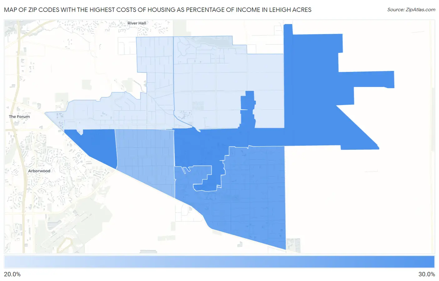 Zip Codes with the Highest Costs of Housing as Percentage of Income in Lehigh Acres Map