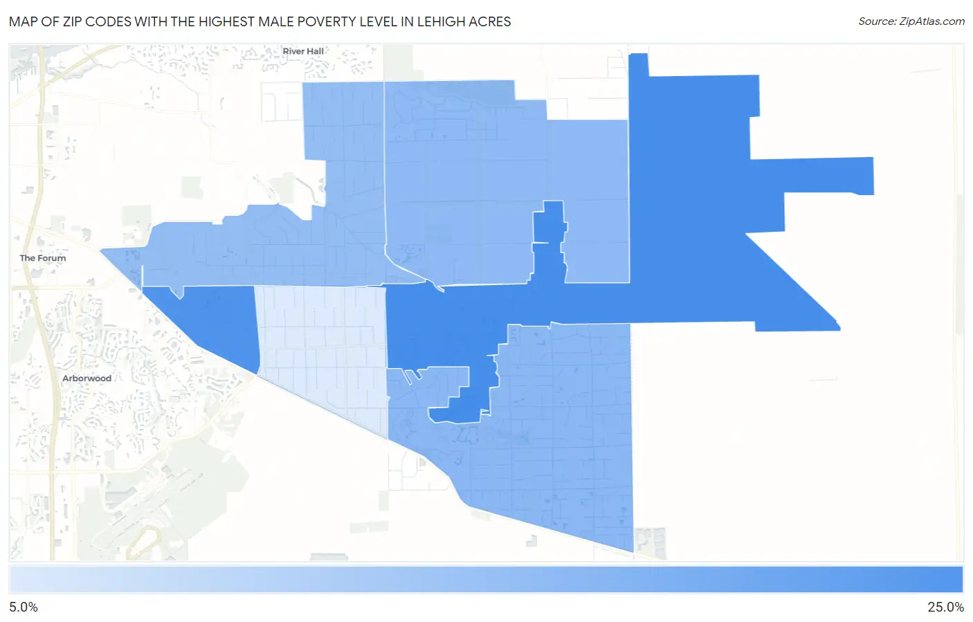Zip Codes with the Highest Male Poverty Level in Lehigh Acres Map