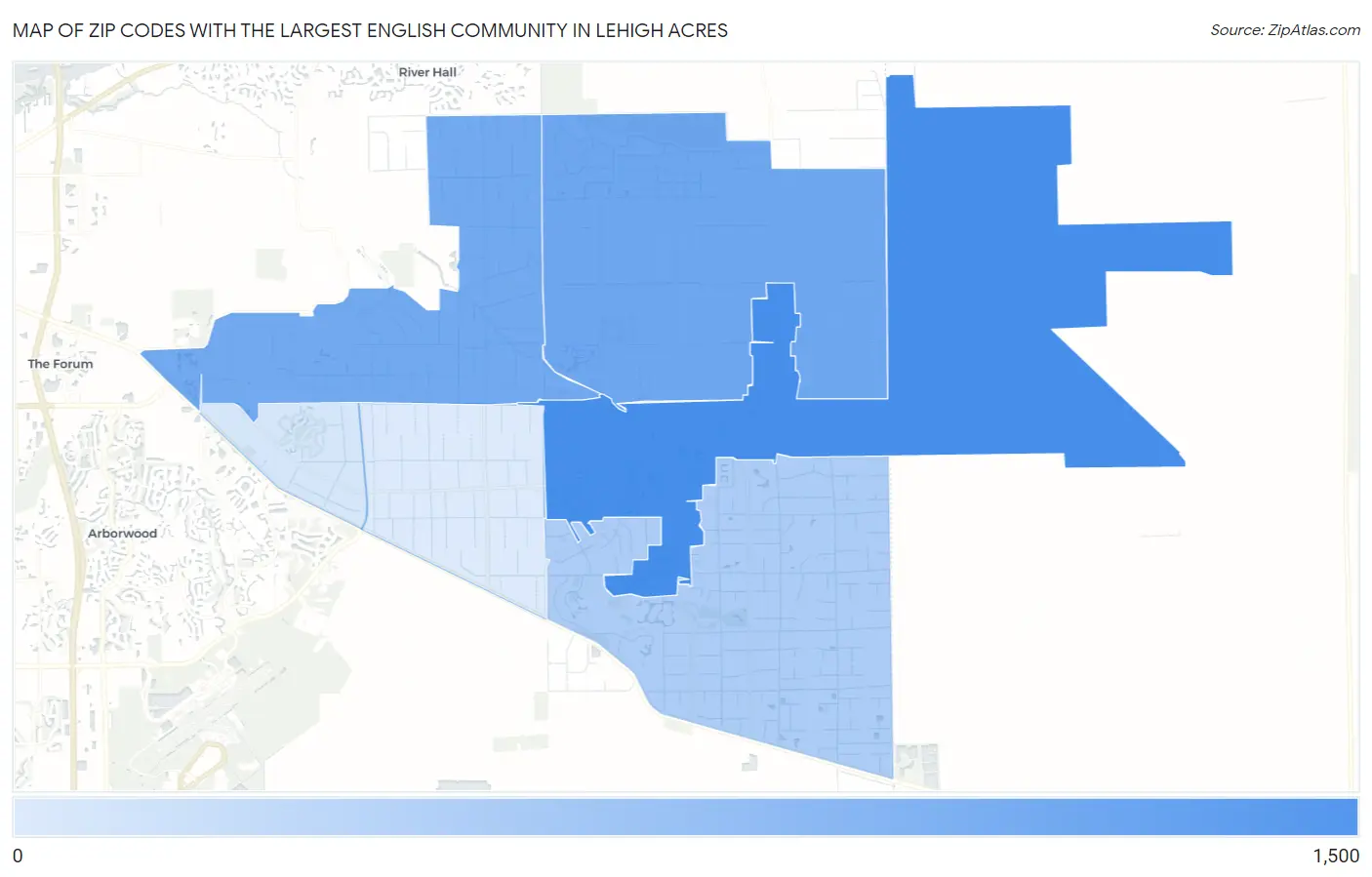 Zip Codes with the Largest English Community in Lehigh Acres Map