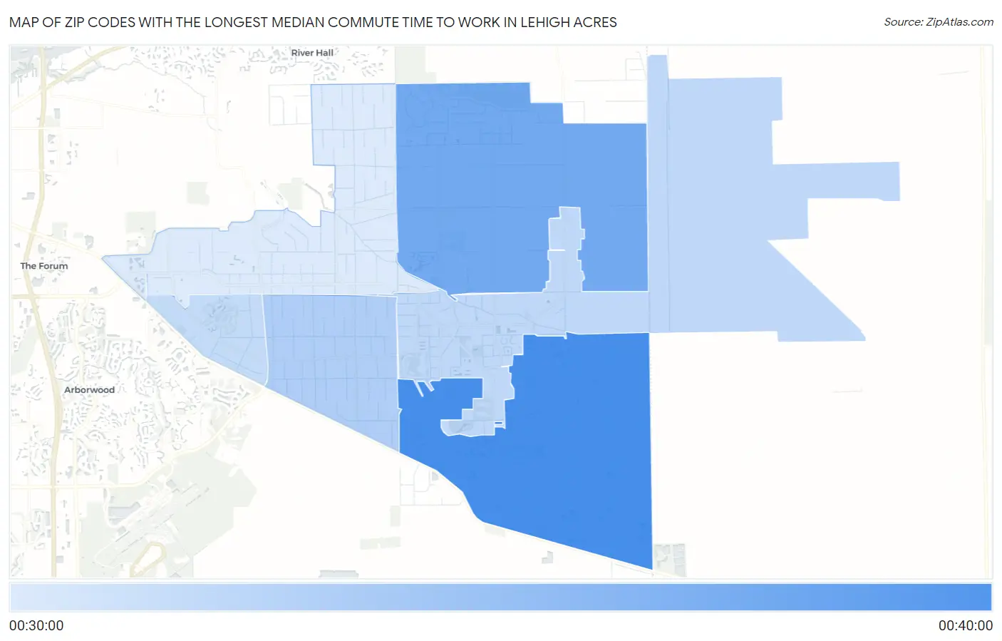 Zip Codes with the Longest Median Commute Time to Work in Lehigh Acres Map