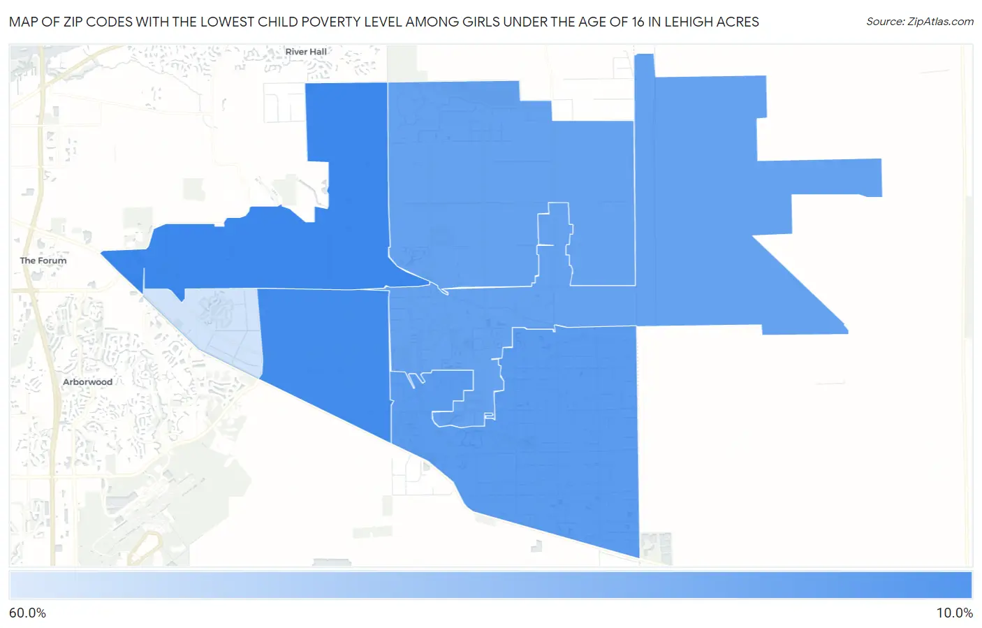 Zip Codes with the Lowest Child Poverty Level Among Girls Under the Age of 16 in Lehigh Acres Map