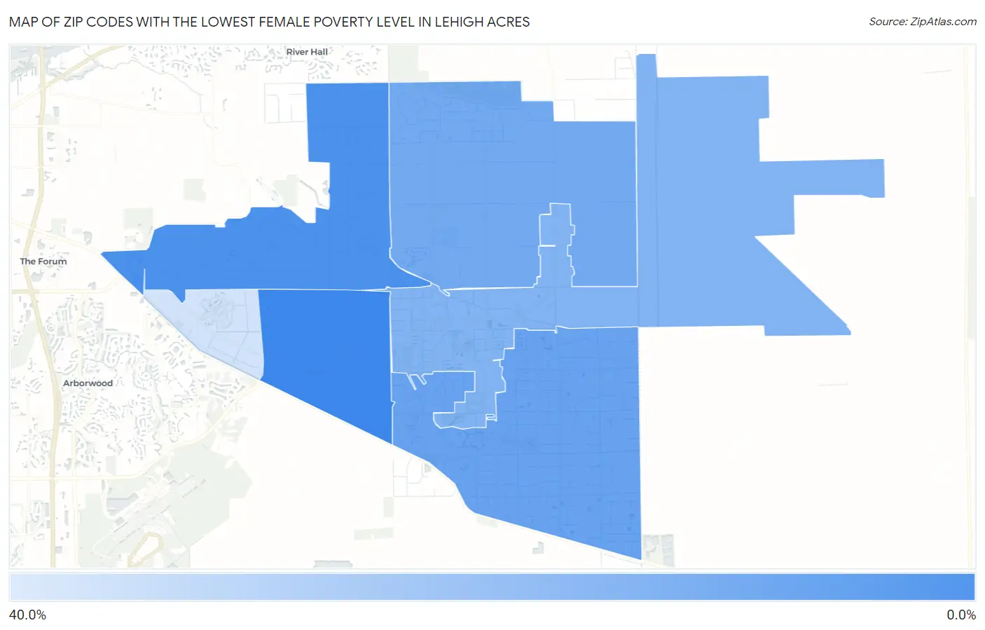 Zip Codes with the Lowest Female Poverty Level in Lehigh Acres Map