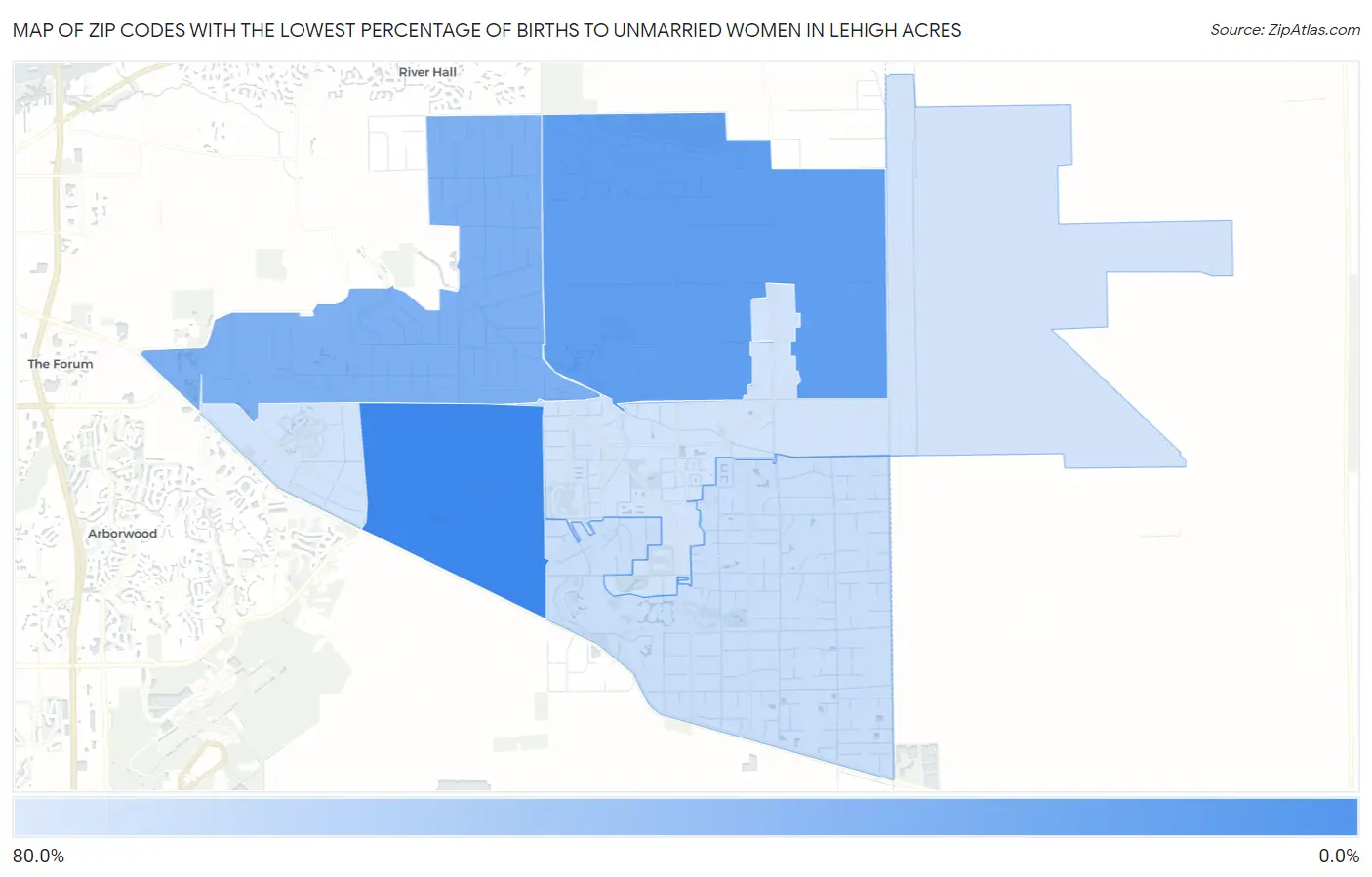 Zip Codes with the Lowest Percentage of Births to Unmarried Women in Lehigh Acres Map