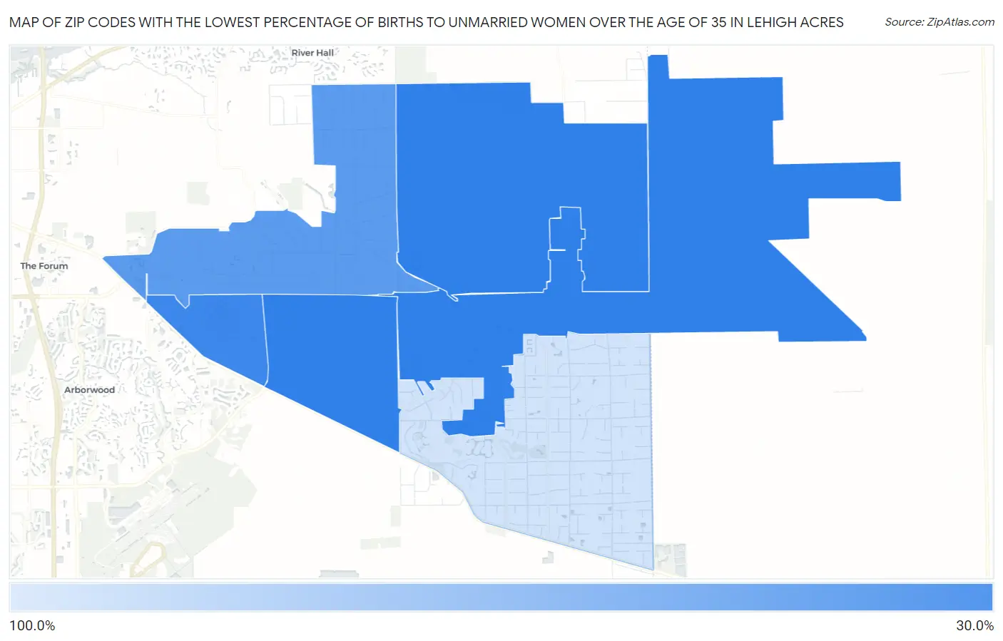 Zip Codes with the Lowest Percentage of Births to Unmarried Women over the Age of 35 in Lehigh Acres Map