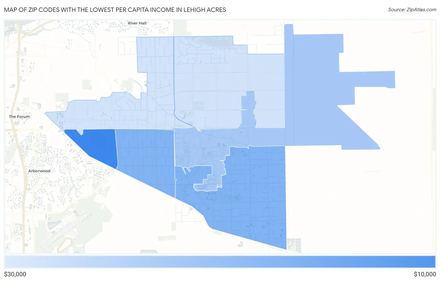 Zip Codes with the Lowest Per Capita Income in Lehigh Acres Map