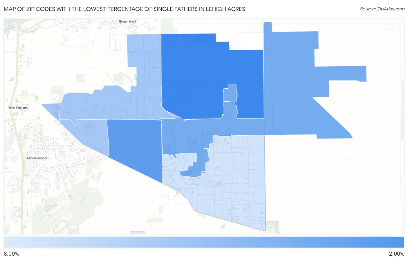 Zip Codes with the Lowest Percentage of Single Fathers in Lehigh Acres Map