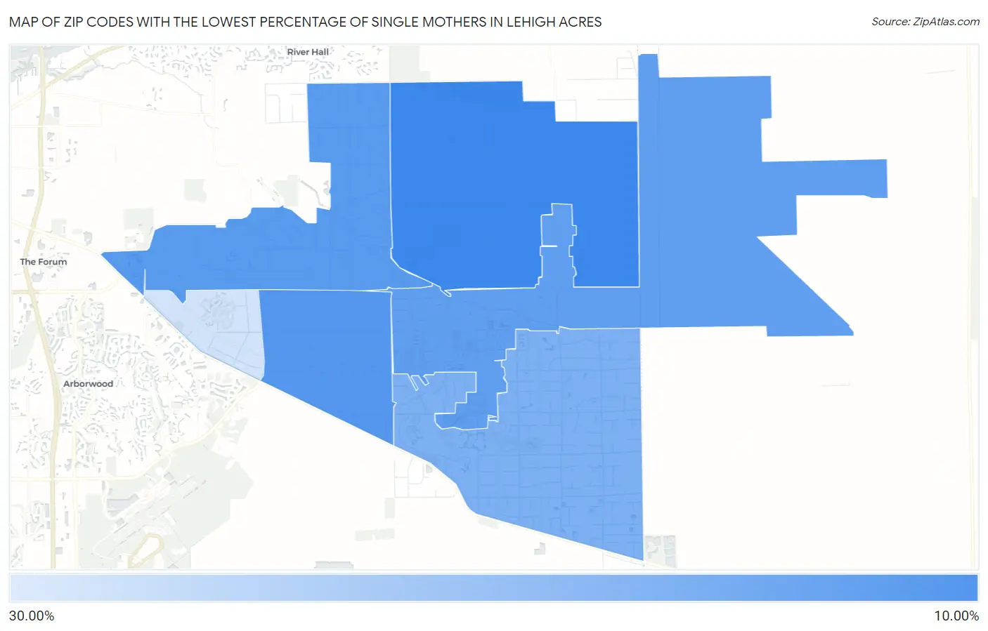 Zip Codes with the Lowest Percentage of Single Mothers in Lehigh Acres Map