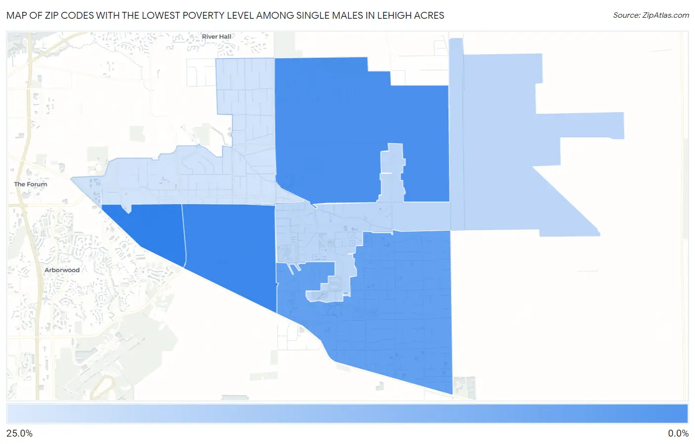 Zip Codes with the Lowest Poverty Level Among Single Males in Lehigh Acres Map