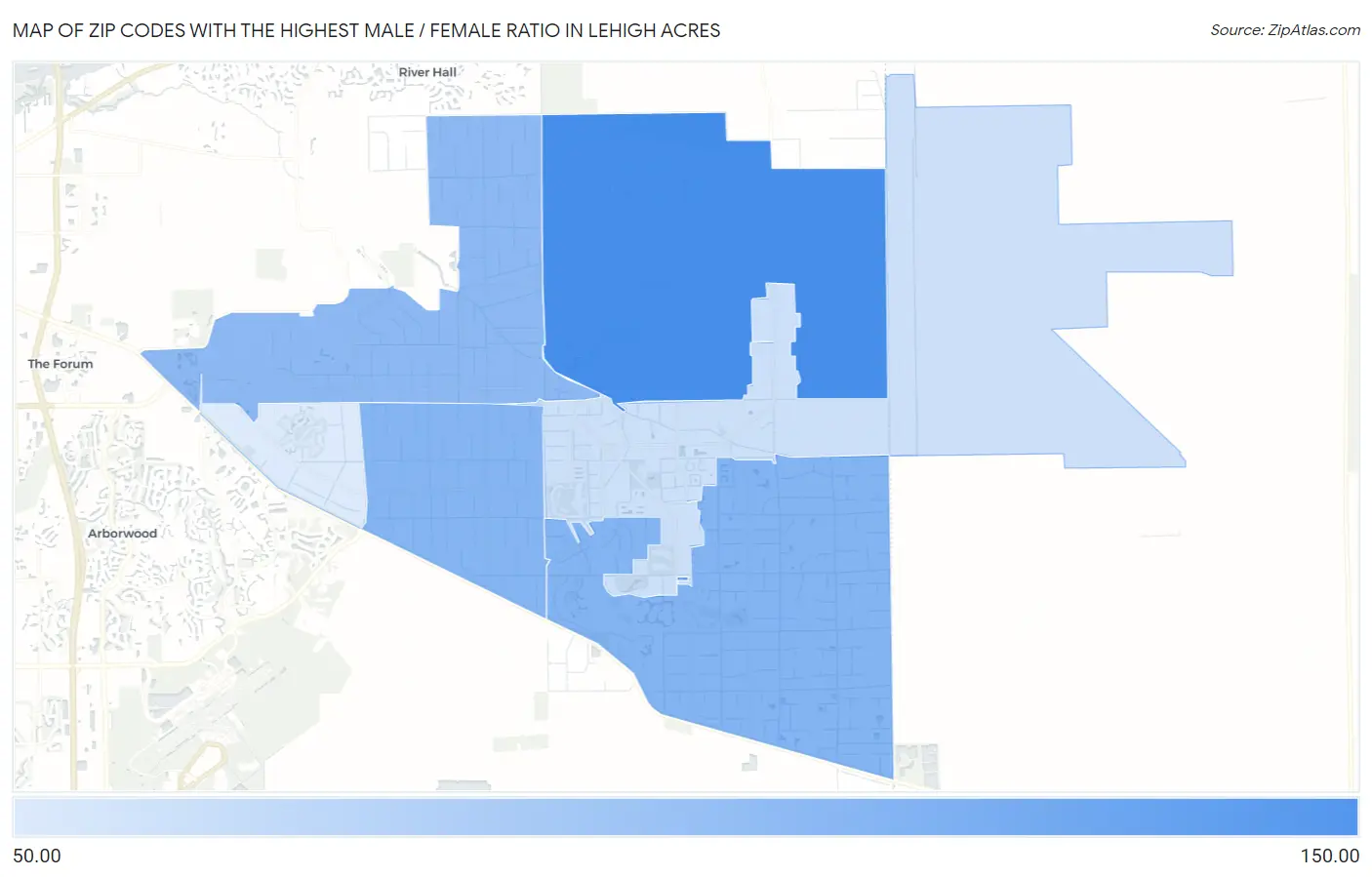 Zip Codes with the Highest Male / Female Ratio in Lehigh Acres Map