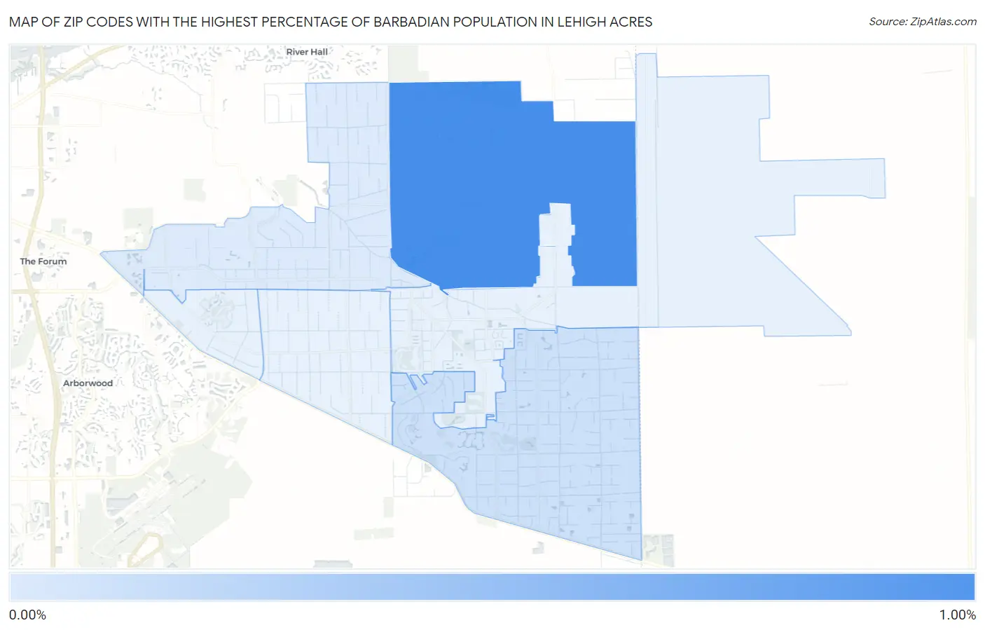 Zip Codes with the Highest Percentage of Barbadian Population in Lehigh Acres Map
