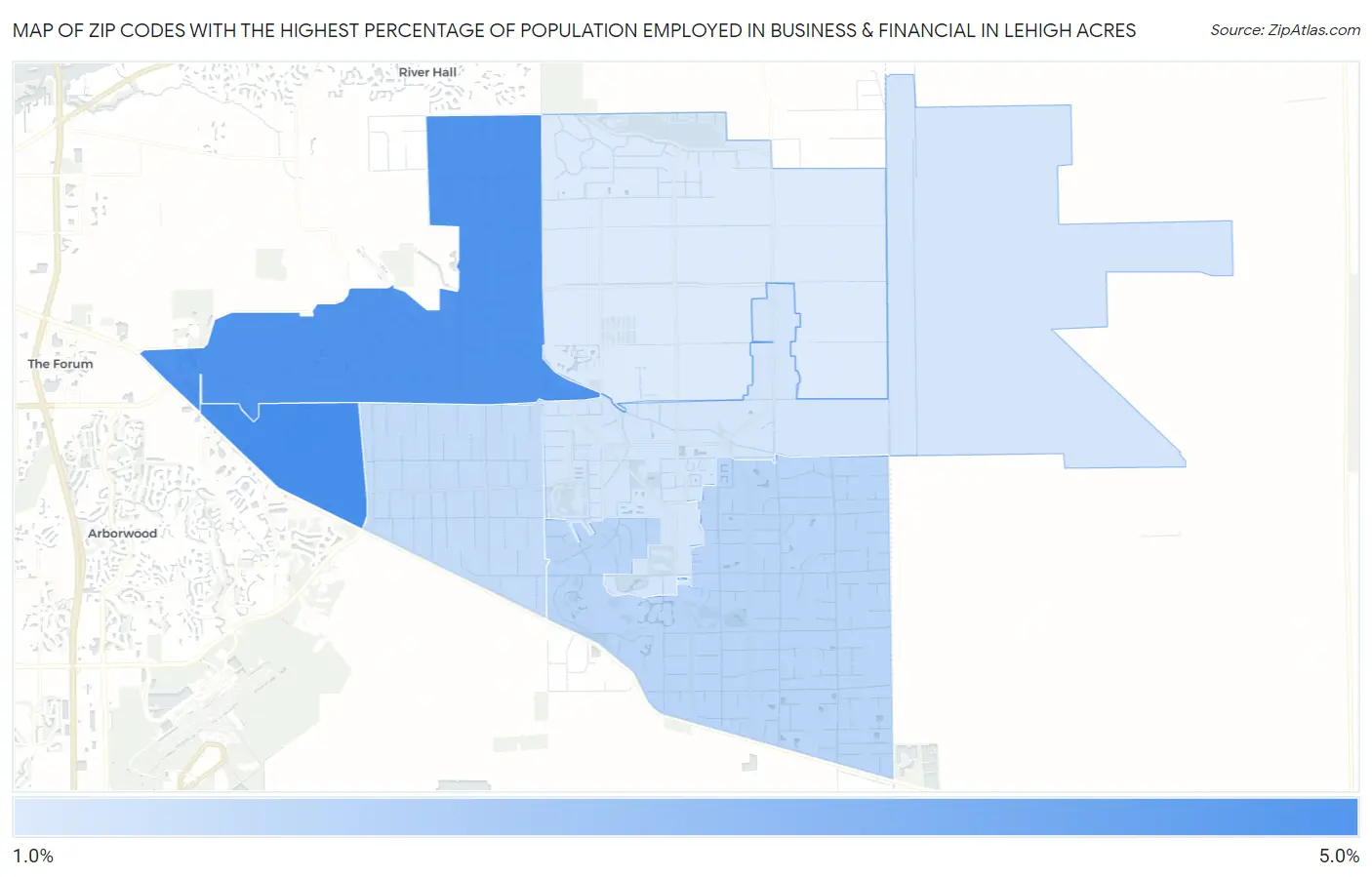 Zip Codes with the Highest Percentage of Population Employed in Business & Financial in Lehigh Acres Map
