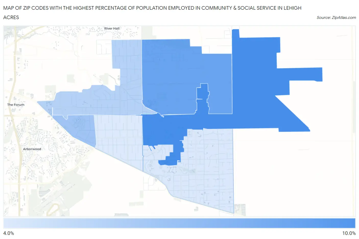 Zip Codes with the Highest Percentage of Population Employed in Community & Social Service  in Lehigh Acres Map