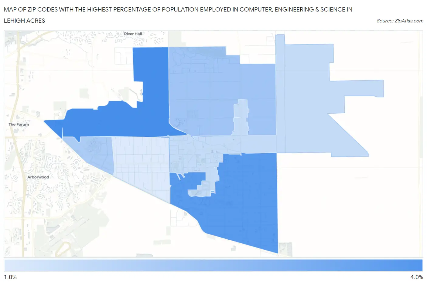 Zip Codes with the Highest Percentage of Population Employed in Computer, Engineering & Science in Lehigh Acres Map