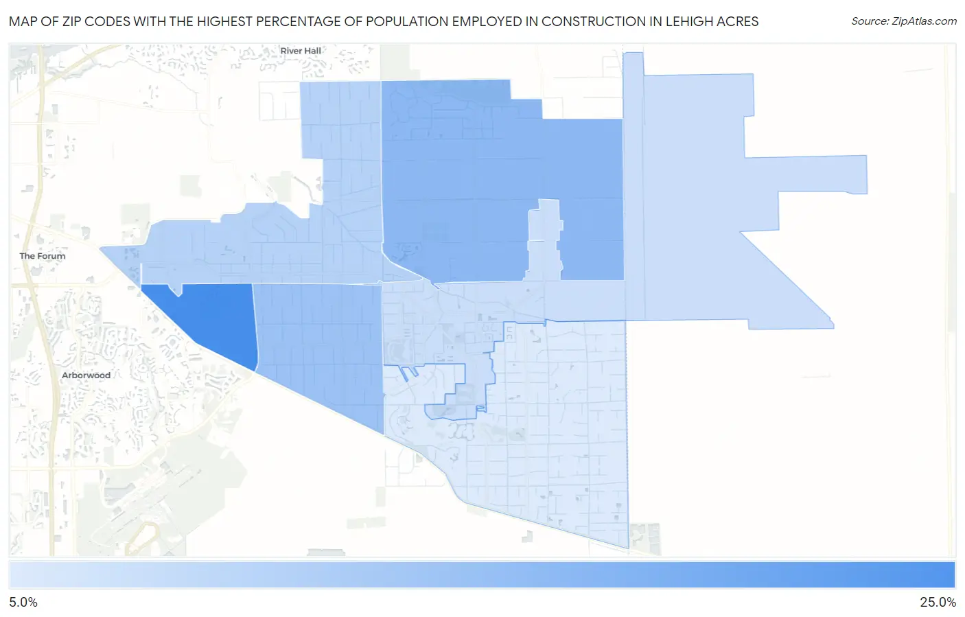 Zip Codes with the Highest Percentage of Population Employed in Construction in Lehigh Acres Map
