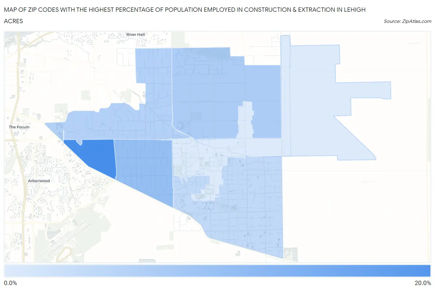 Zip Codes with the Highest Percentage of Population Employed in Construction & Extraction in Lehigh Acres Map