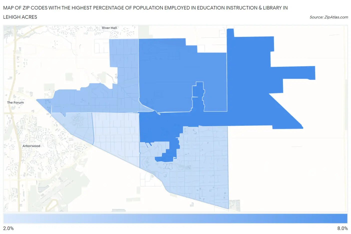 Zip Codes with the Highest Percentage of Population Employed in Education Instruction & Library in Lehigh Acres Map