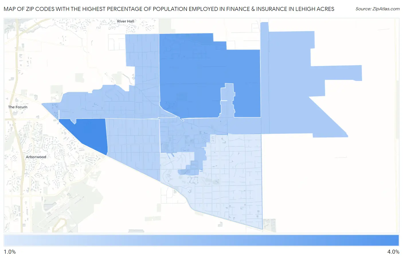 Zip Codes with the Highest Percentage of Population Employed in Finance & Insurance in Lehigh Acres Map