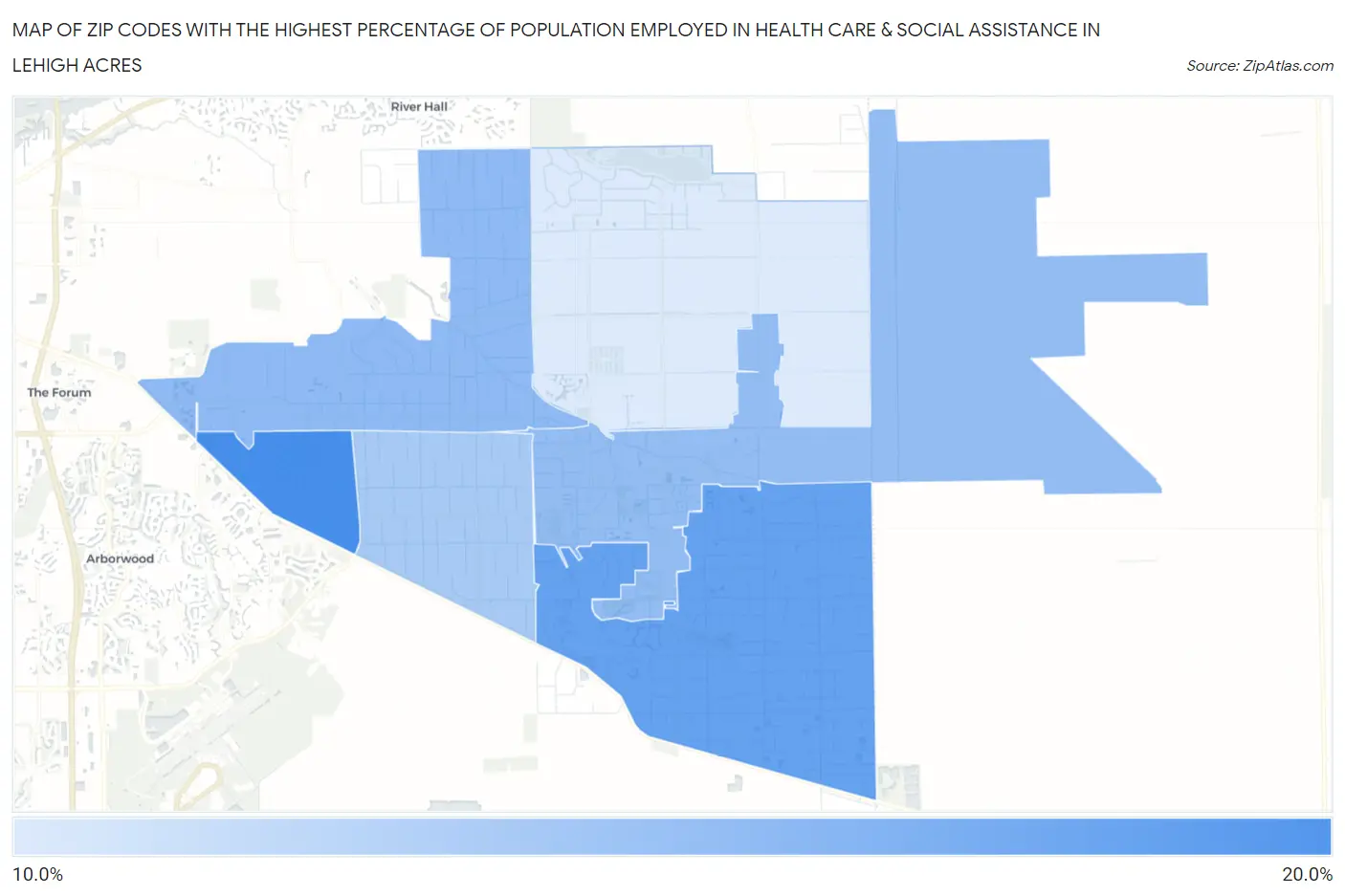 Zip Codes with the Highest Percentage of Population Employed in Health Care & Social Assistance in Lehigh Acres Map