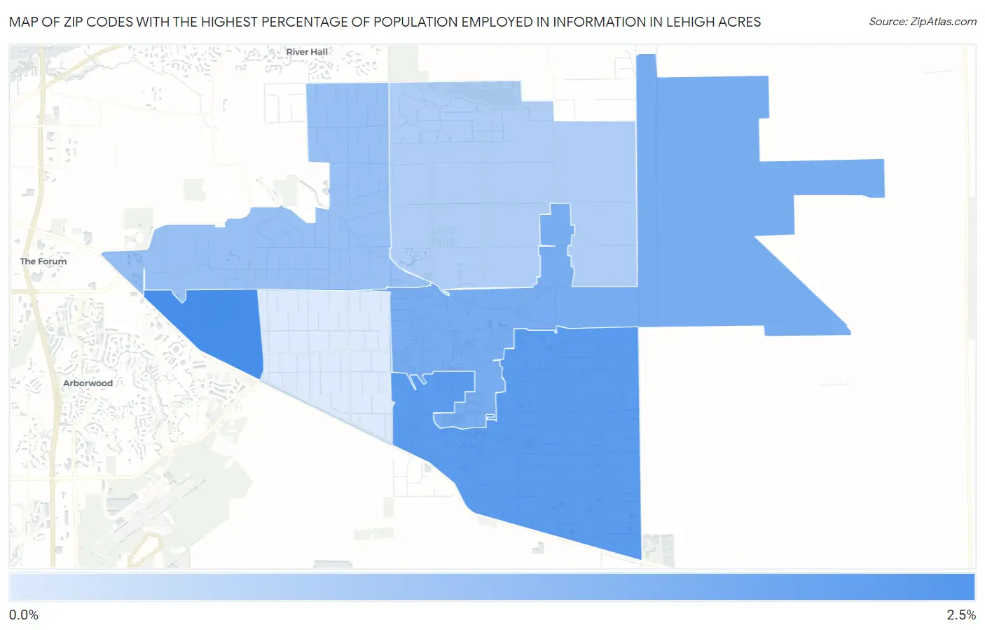 Zip Codes with the Highest Percentage of Population Employed in Information in Lehigh Acres Map