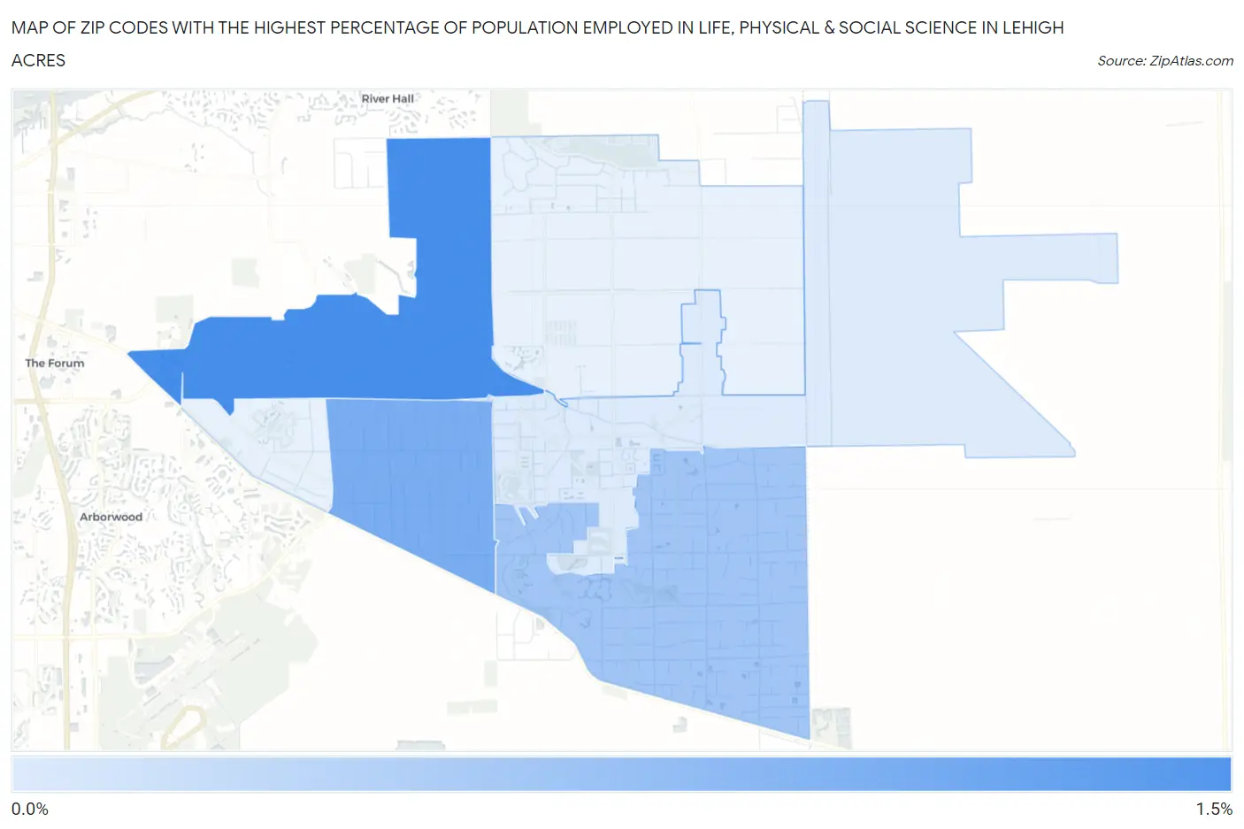 Zip Codes with the Highest Percentage of Population Employed in Life, Physical & Social Science in Lehigh Acres Map
