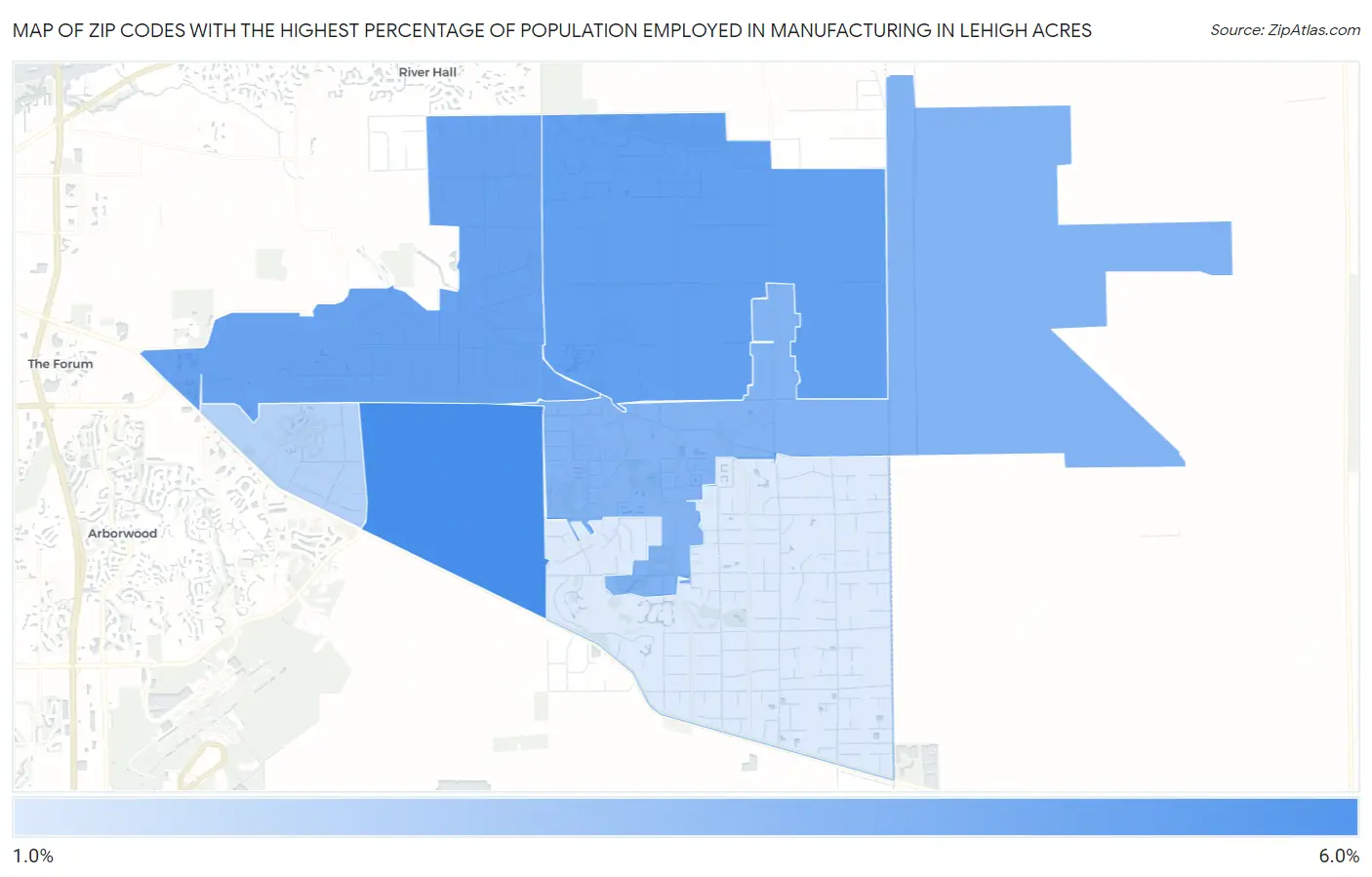Zip Codes with the Highest Percentage of Population Employed in Manufacturing in Lehigh Acres Map