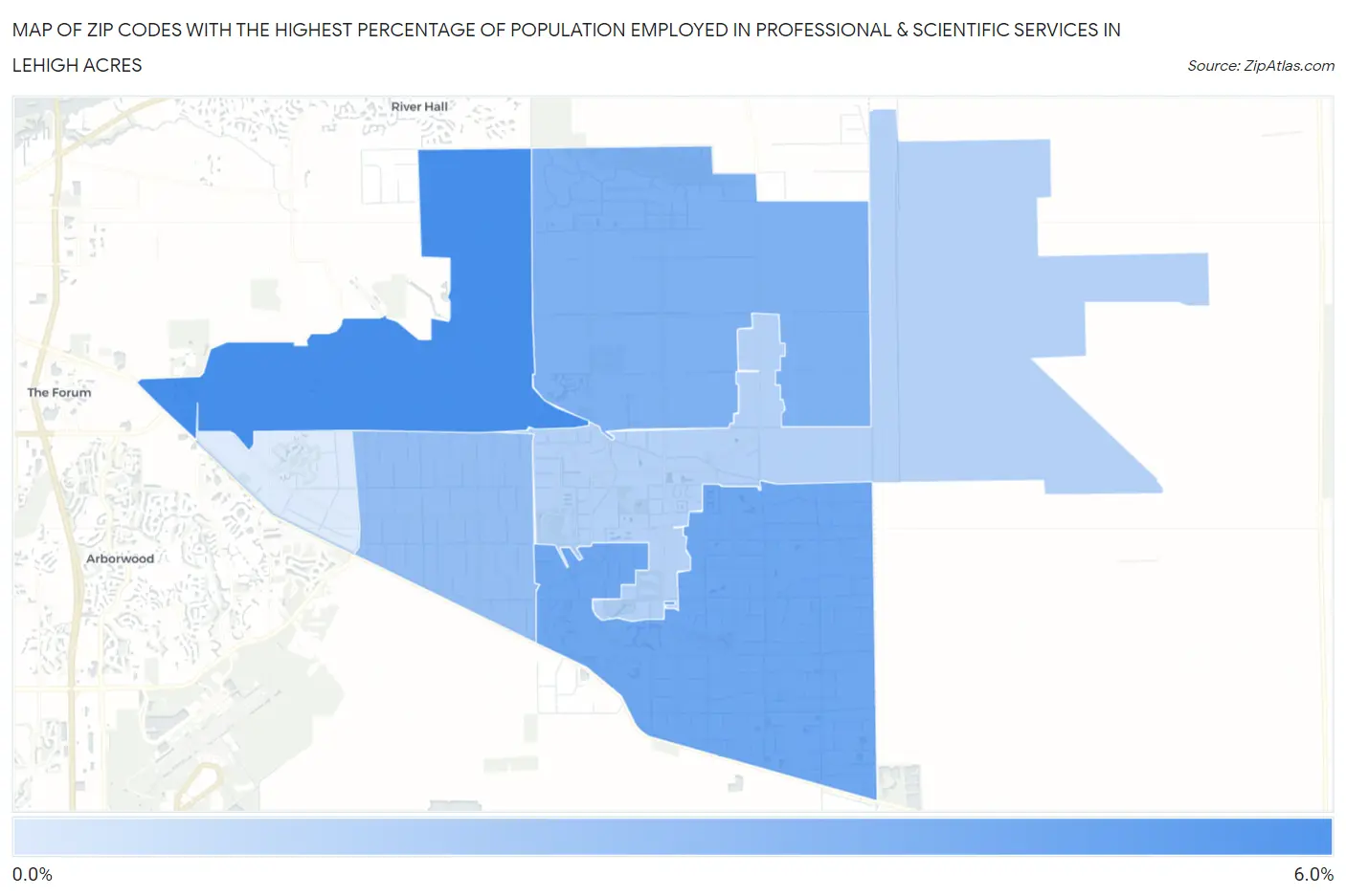 Zip Codes with the Highest Percentage of Population Employed in Professional & Scientific Services in Lehigh Acres Map