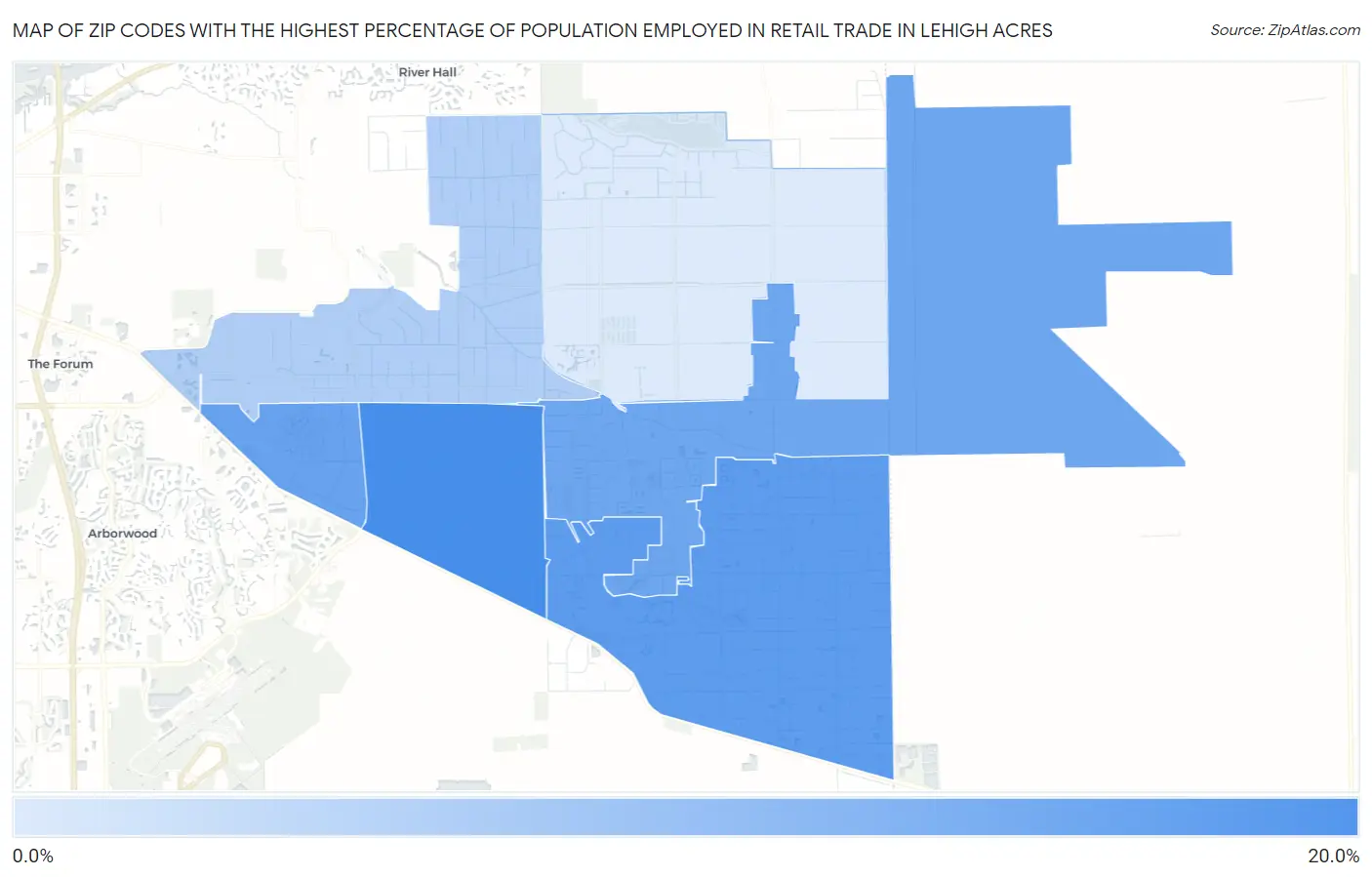 Zip Codes with the Highest Percentage of Population Employed in Retail Trade in Lehigh Acres Map