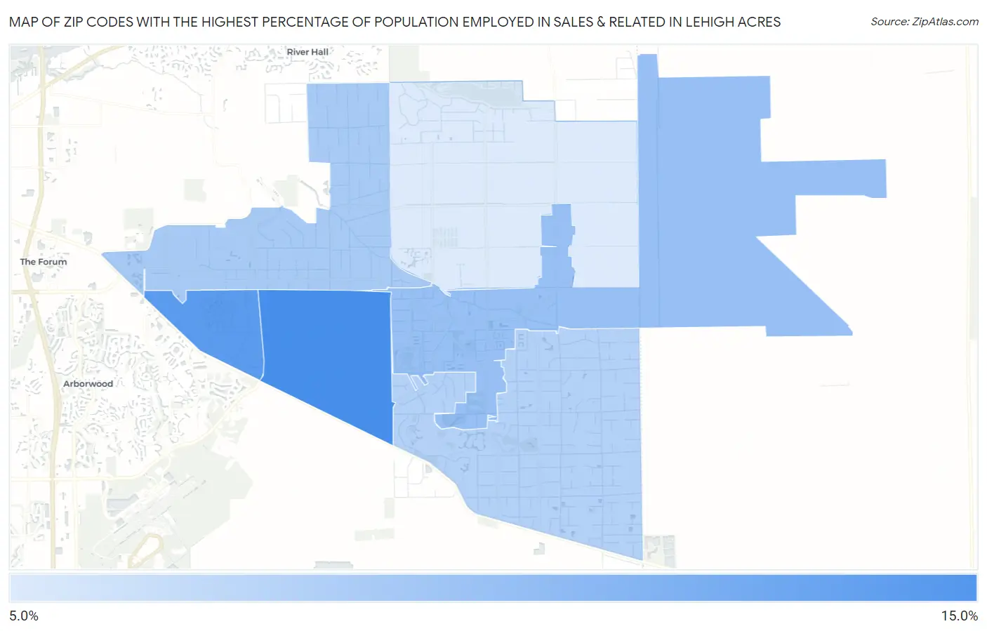 Zip Codes with the Highest Percentage of Population Employed in Sales & Related in Lehigh Acres Map