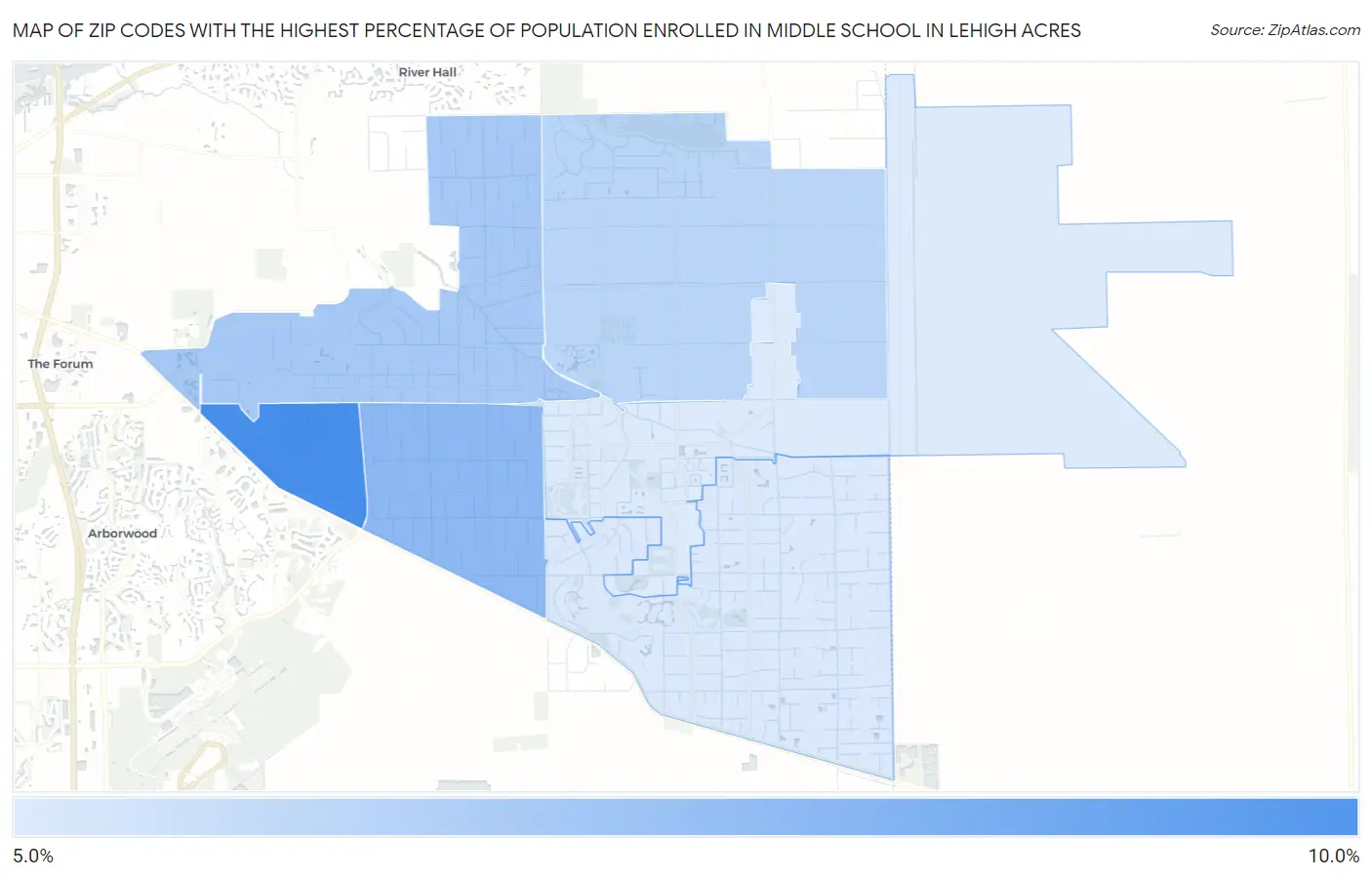 Zip Codes with the Highest Percentage of Population Enrolled in Middle School in Lehigh Acres Map