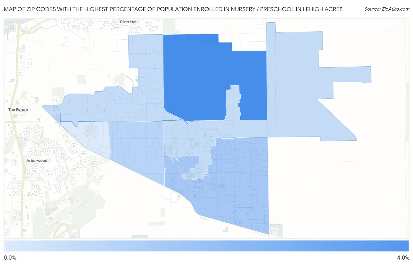 Zip Codes with the Highest Percentage of Population Enrolled in Nursery / Preschool in Lehigh Acres Map