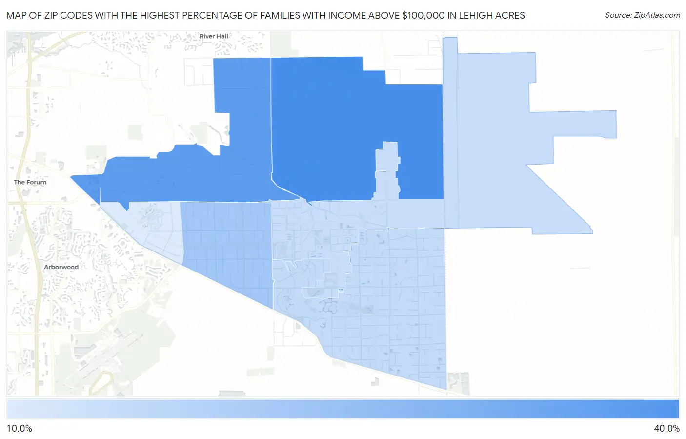 Zip Codes with the Highest Percentage of Families with Income Above $100,000 in Lehigh Acres Map