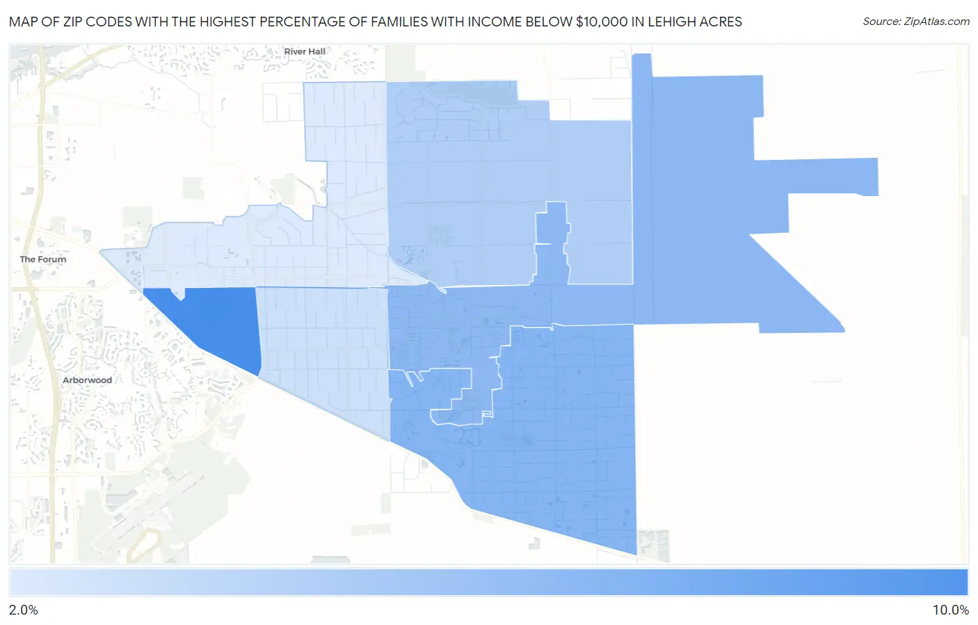 Zip Codes with the Highest Percentage of Families with Income Below $10,000 in Lehigh Acres Map