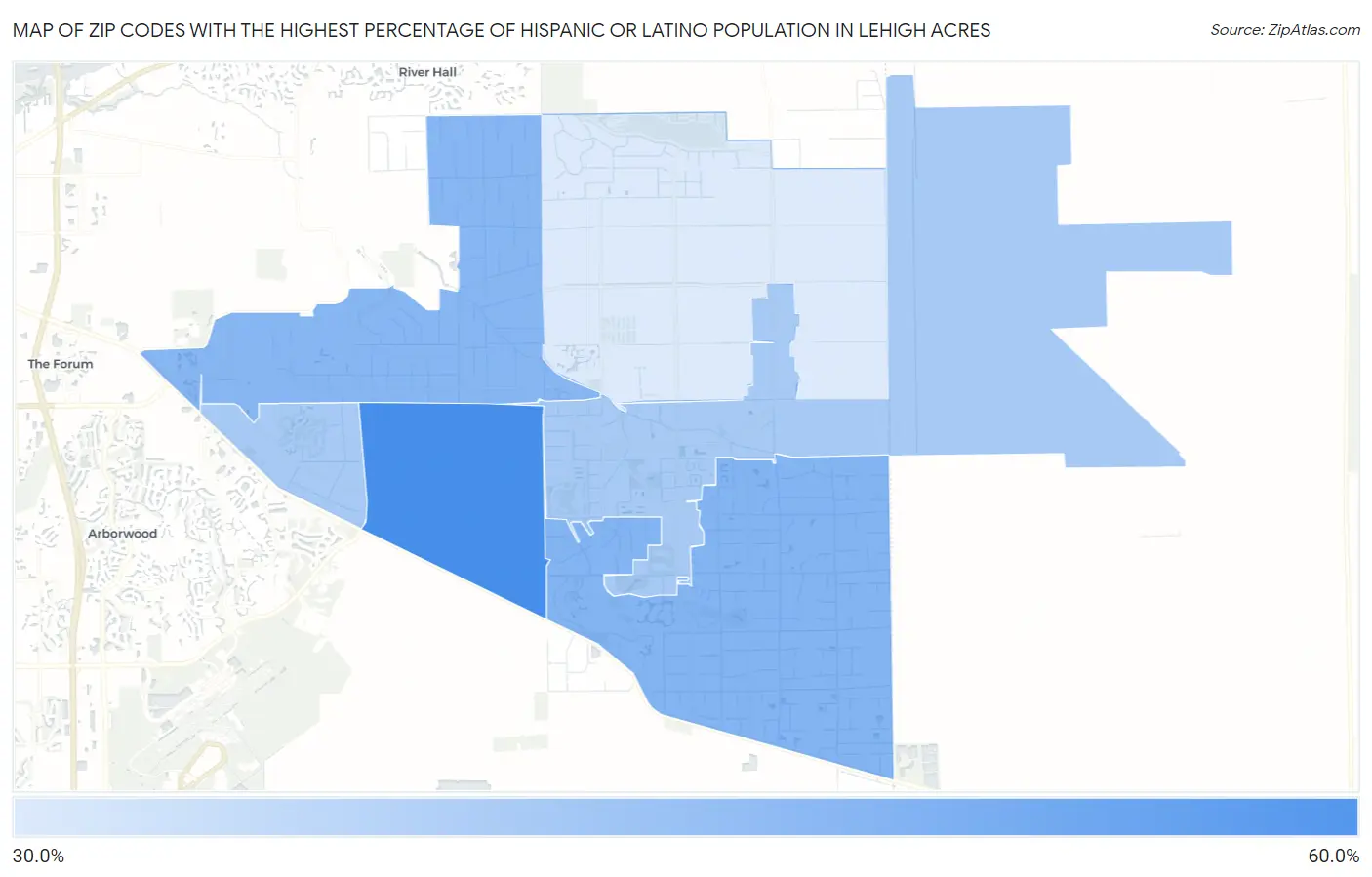 Zip Codes with the Highest Percentage of Hispanic or Latino Population in Lehigh Acres Map