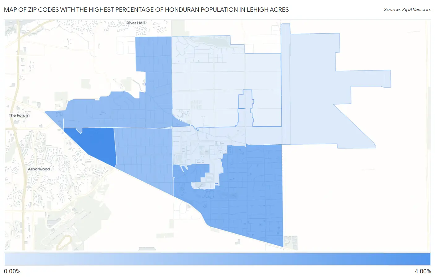 Zip Codes with the Highest Percentage of Honduran Population in Lehigh Acres Map