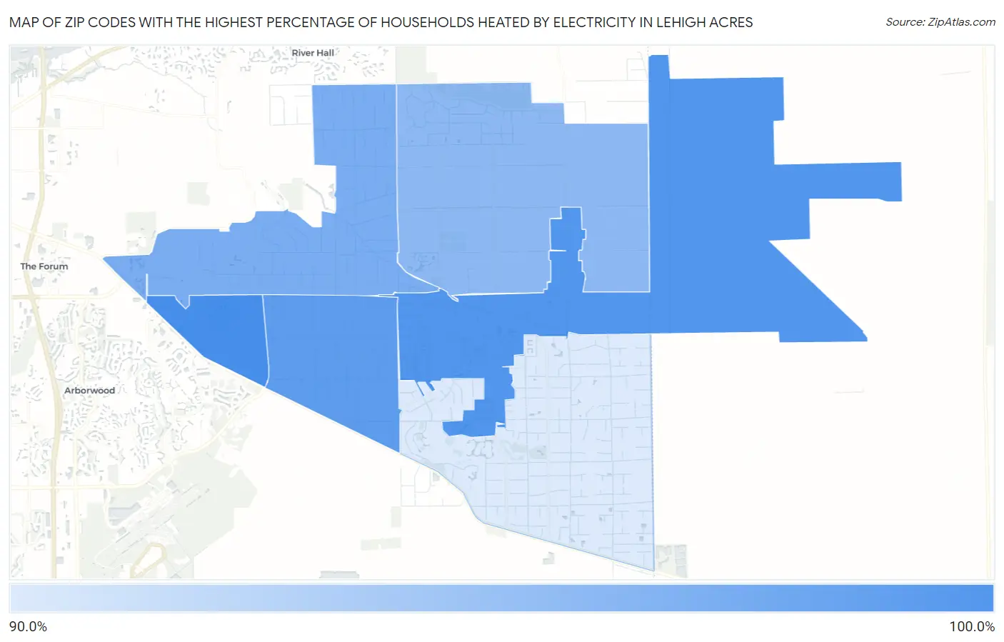 Zip Codes with the Highest Percentage of Households Heated by Electricity in Lehigh Acres Map
