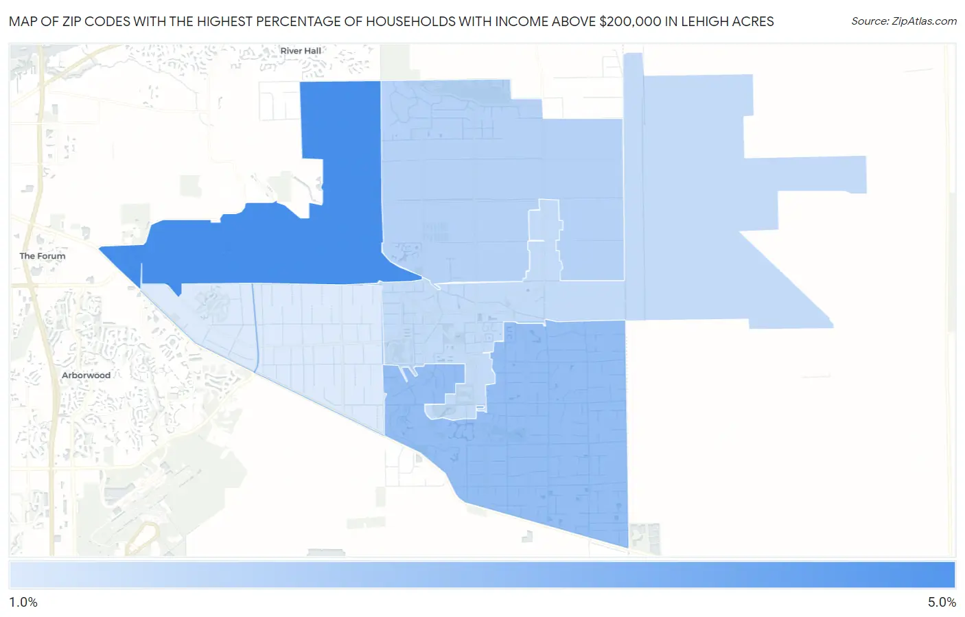 Zip Codes with the Highest Percentage of Households with Income Above $200,000 in Lehigh Acres Map