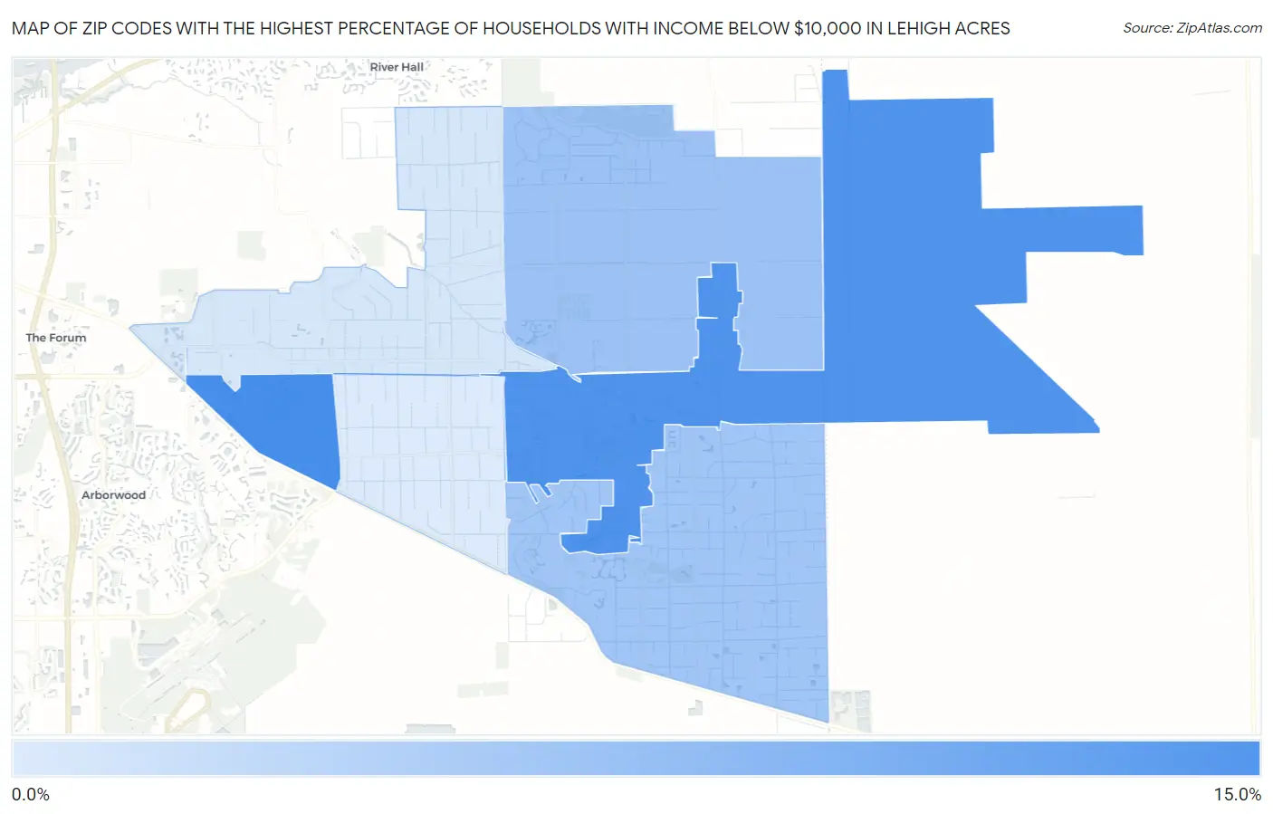 Zip Codes with the Highest Percentage of Households with Income Below $10,000 in Lehigh Acres Map