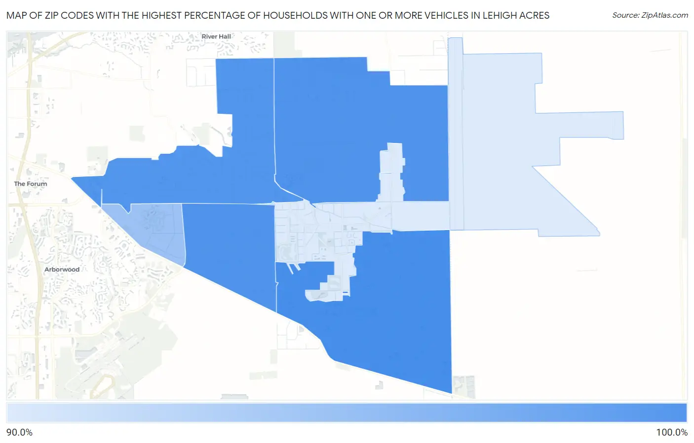 Zip Codes with the Highest Percentage of Households With One or more Vehicles in Lehigh Acres Map
