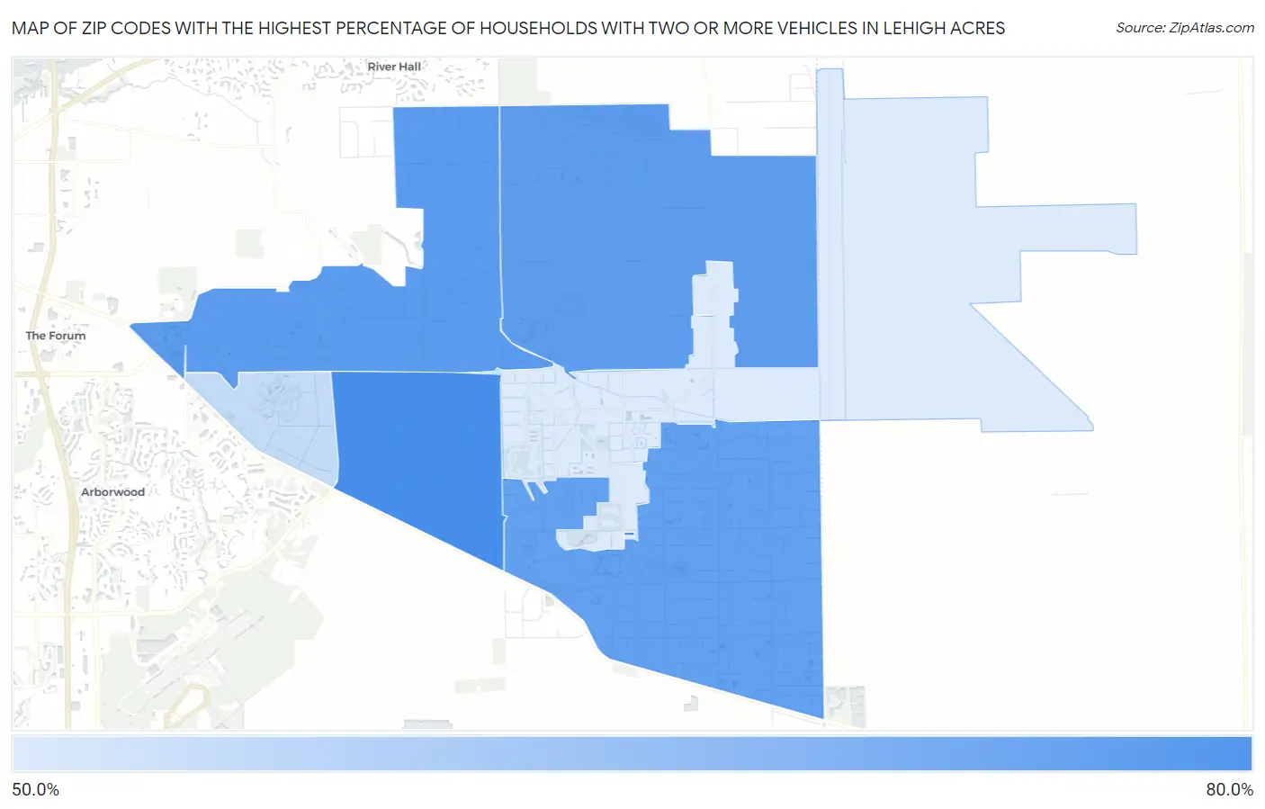 Zip Codes with the Highest Percentage of Households With Two or more Vehicles in Lehigh Acres Map