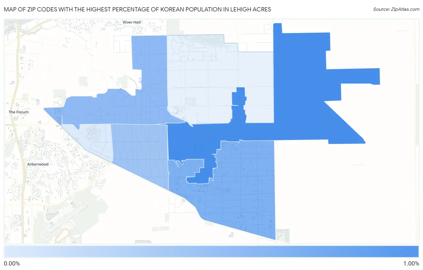 Zip Codes with the Highest Percentage of Korean Population in Lehigh Acres Map