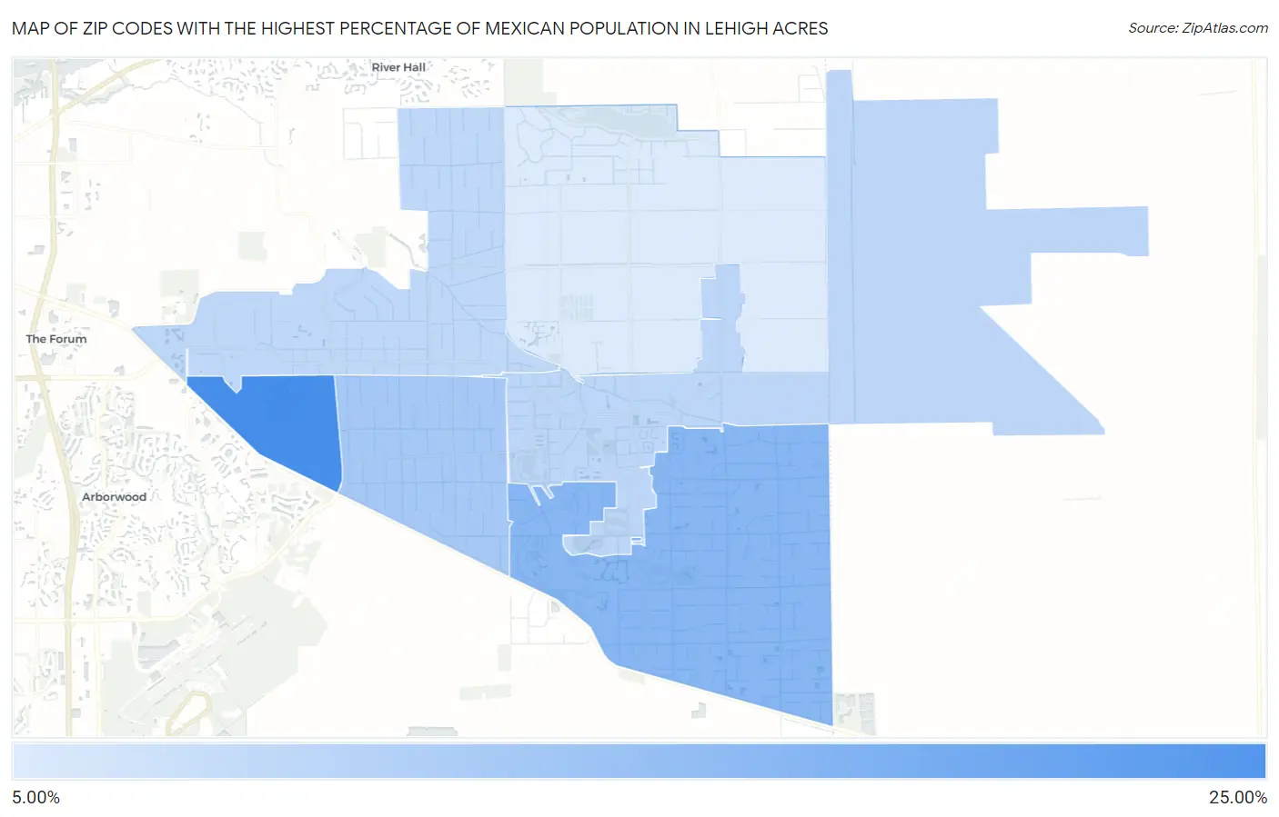 Zip Codes with the Highest Percentage of Mexican Population in Lehigh Acres Map