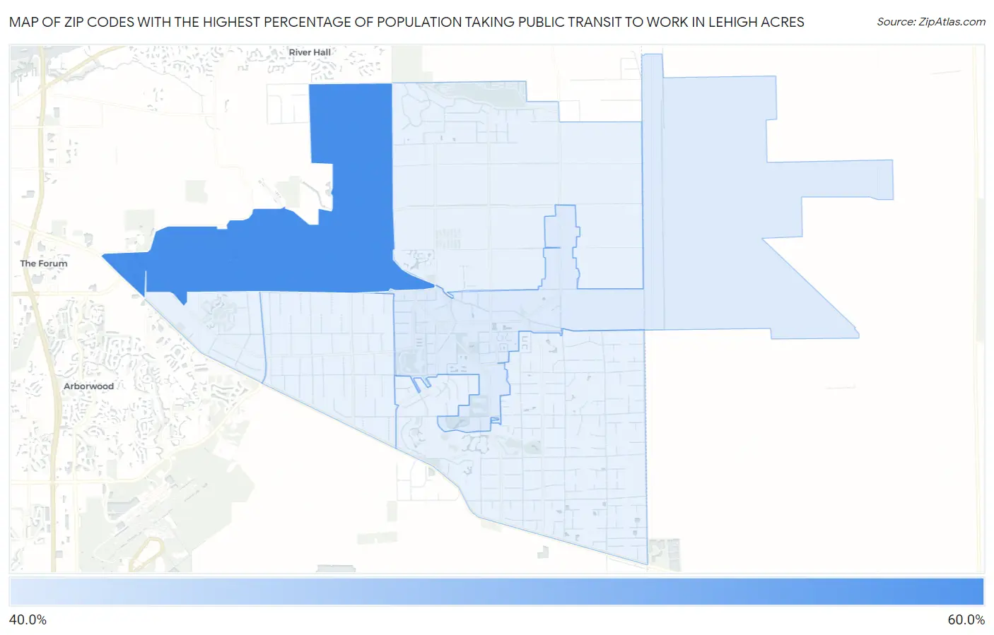 Zip Codes with the Highest Percentage of Population Taking Public Transit to Work in Lehigh Acres Map