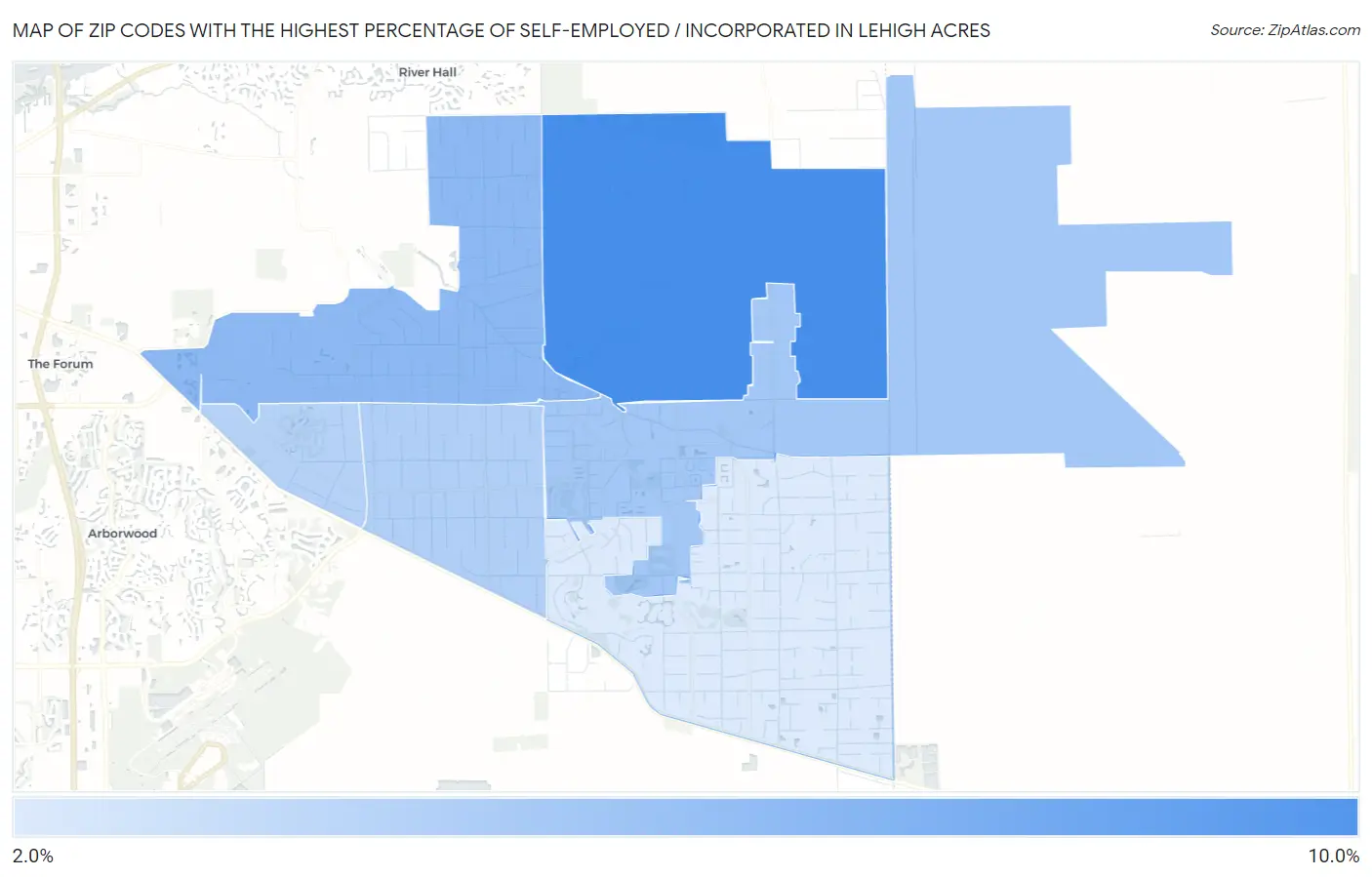 Zip Codes with the Highest Percentage of Self-Employed / Incorporated in Lehigh Acres Map