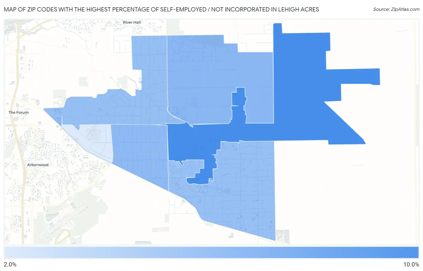 Zip Codes with the Highest Percentage of Self-Employed / Not Incorporated in Lehigh Acres Map